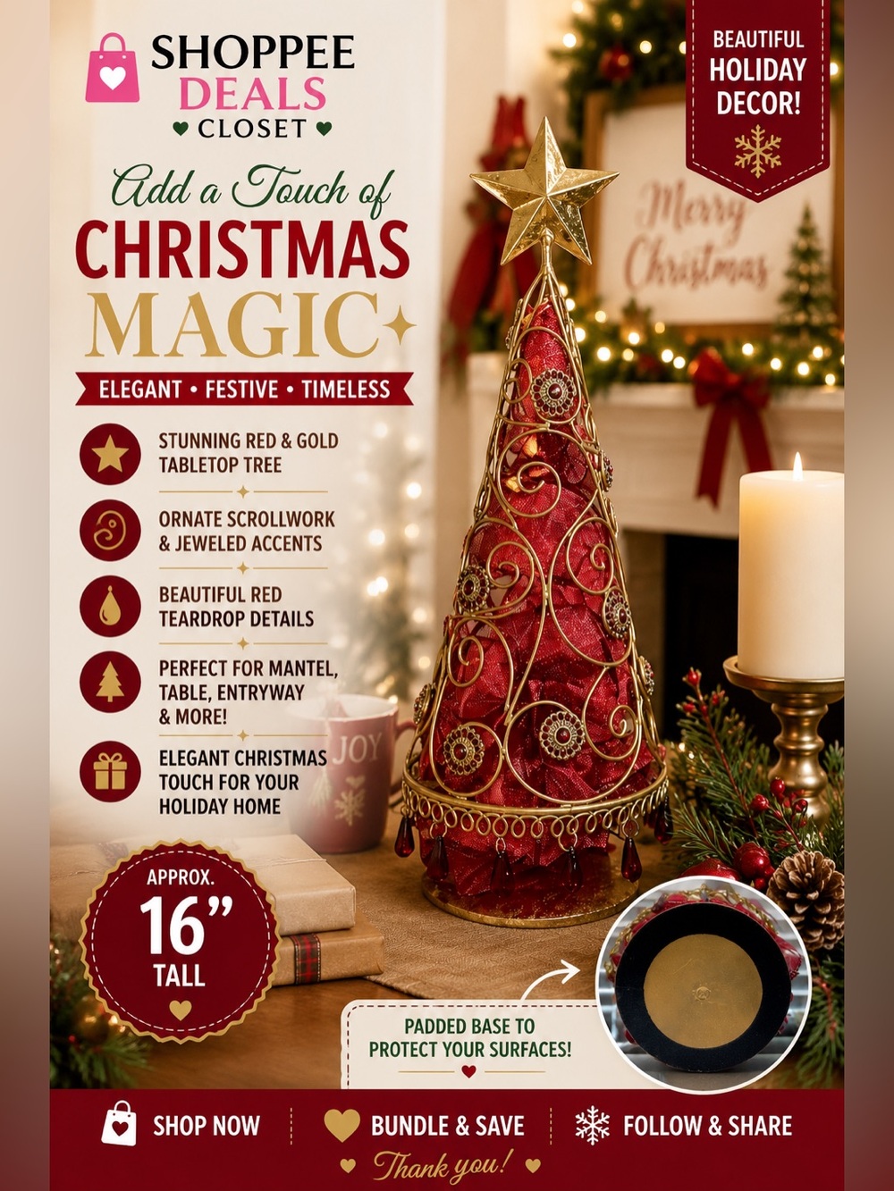 Red & Gold Jeweled Cone Christmas Tree Tabletop Decor 16” Star Topper